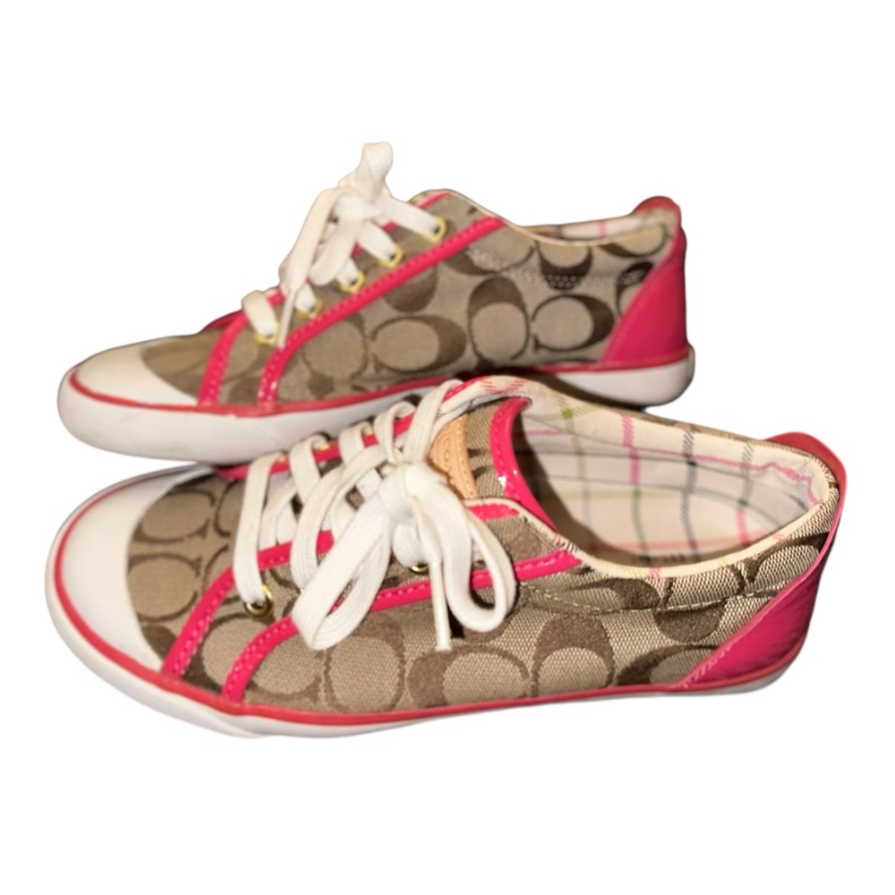 Coach “Barrett” Sneakers Brown Signature Canvas Sneakers with Pink Leather Trim - Picture 12 of 16